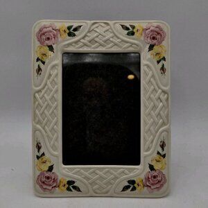 Belleek Fine China Ireland Red Yellow Rose White Lattice Picture Frame VTG 2000